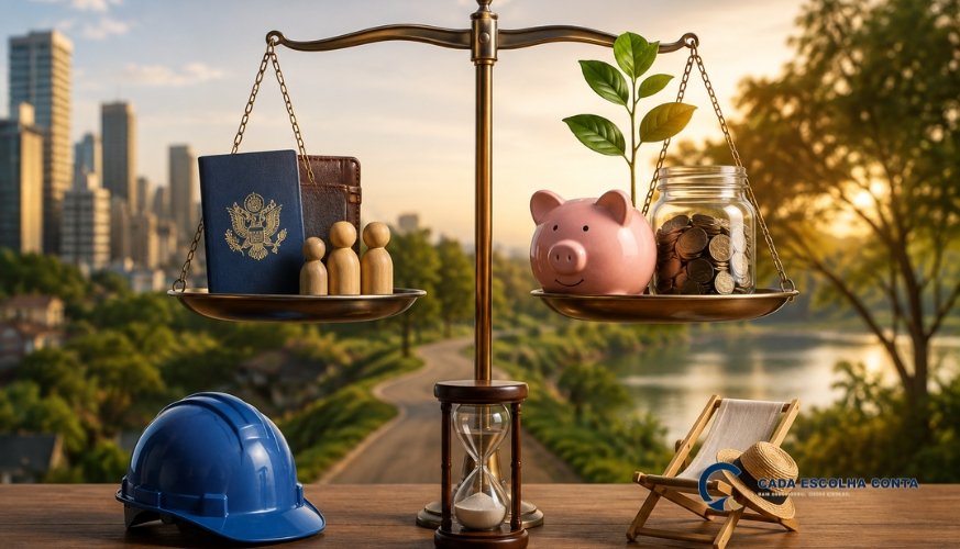 Balança com símbolos do trabalho e da previdência de um lado e cofrinho, moedas e planta do outro, representando a decisão de investir em previdência privada sendo CLT.