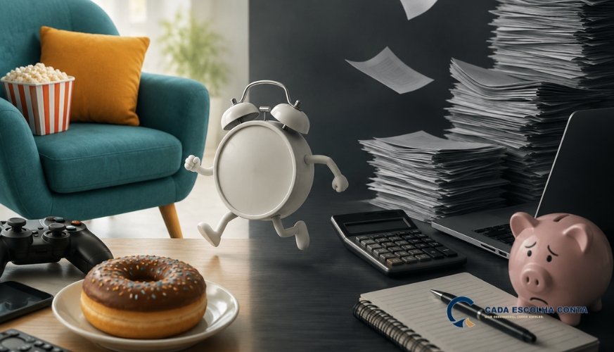 Relógio despertador corre em direção a uma poltrona com entretenimento e comida, afastando-se de uma mesa escura com contas acumuladas, calculadora, notebook e cofrinho preocupado.