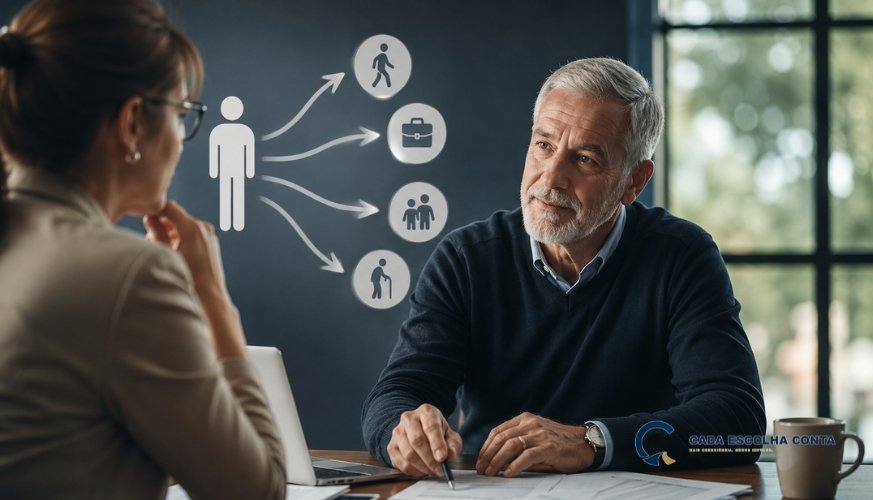 Homem próximo da aposentadoria conversa com uma especialista sobre as regras de transição do INSS em 2026.