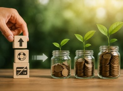 Composição mostra cartões com correntes rompidas, reserva de emergência em um pote com moedas e pilhas crescentes de moedas representando investimentos de longo prazo.