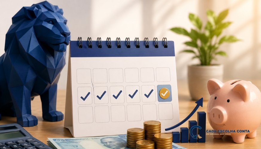 Calendário com datas marcadas ao lado de notas de real, moedas, calculadora, cofrinho e gráfico de crescimento, representando o calendário da restituição do Imposto de Renda e o planejamento do valor recebido.