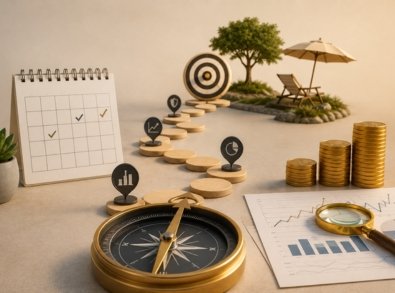 Bússola, calendário, gráficos financeiros, moedas e caminho até uma meta, representando a revisão periódica do planejamento para aposentadoria.