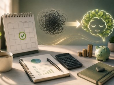 Mesa organizada com calendário marcado, caderno de orçamento, calculadora, moedas e cofrinho, enquanto uma ilustração mostra um emaranhado se transformando em um cérebro tranquilo com folhas.