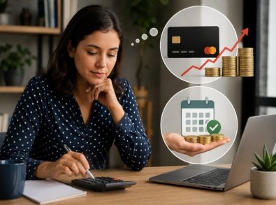 Mulher calcula despesas em uma mesa enquanto compara visualmente o aumento dos custos do cartão com um calendário de parcelas fixas.