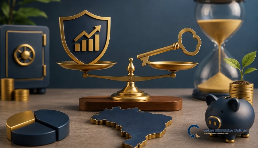 Ilustração financeira em azul e dourado com balança, moedas, cofre, gráfico de crescimento, ampulheta e planta, representando investimento de longo prazo no Tesouro IPCA+.