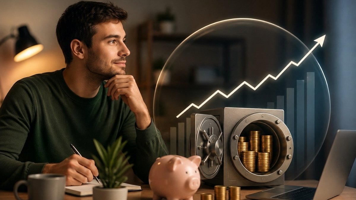 Homem analisando investimentos diante de um cofre com moedas, porquinho de poupança e gráfico de crescimento, representando o Tesouro Selic.