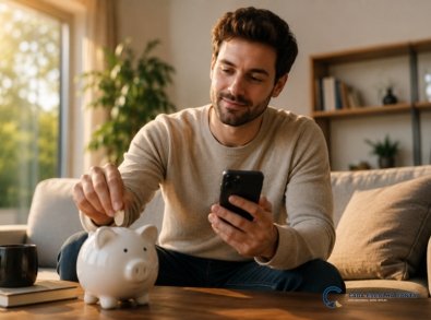 Homem deposita dinheiro em um cofrinho enquanto acompanha suas finanças pelo celular, representando uma reserva de emergência no Tesouro Selic.