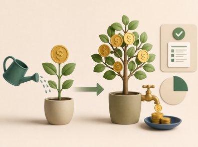 Ilustração de uma planta crescendo até virar uma árvore de moedas, com parte dos valores sendo retirada por uma torneira, representando a tributação dos rendimentos no resgate do VGBL.