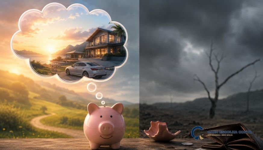 Cofrinho diante de uma paisagem ensolarada imaginando casa e carro, ao lado de um cenário escuro com carteira vazia, moedas e cofrinho quebrado.