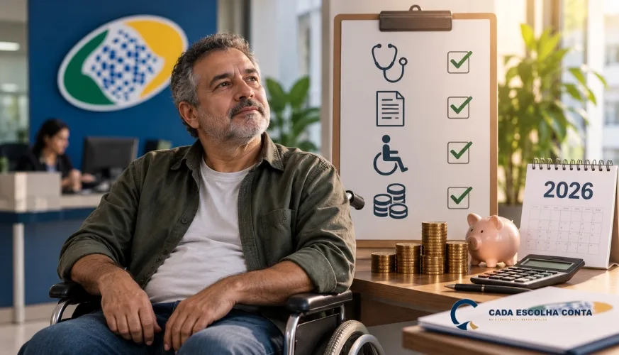 Homem em cadeira de rodas ao lado de símbolos de avaliação médica, documentos e benefício financeiro, com moedas, calculadora e calendário de 2026 sobre a mesa.