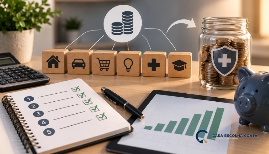 Mesa com calculadora, checklist numerado, categorias de despesas, gráfico crescente e pote com moedas, representando as etapas para calcular uma reserva de emergência.