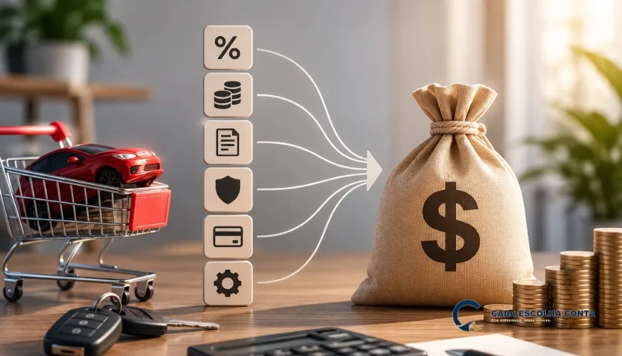 Carrinho com carro, ícones de juros, taxas, documentos, seguro e cartão convergindo para um saco de dinheiro, representando os custos que compõem o CET de um financiamento.