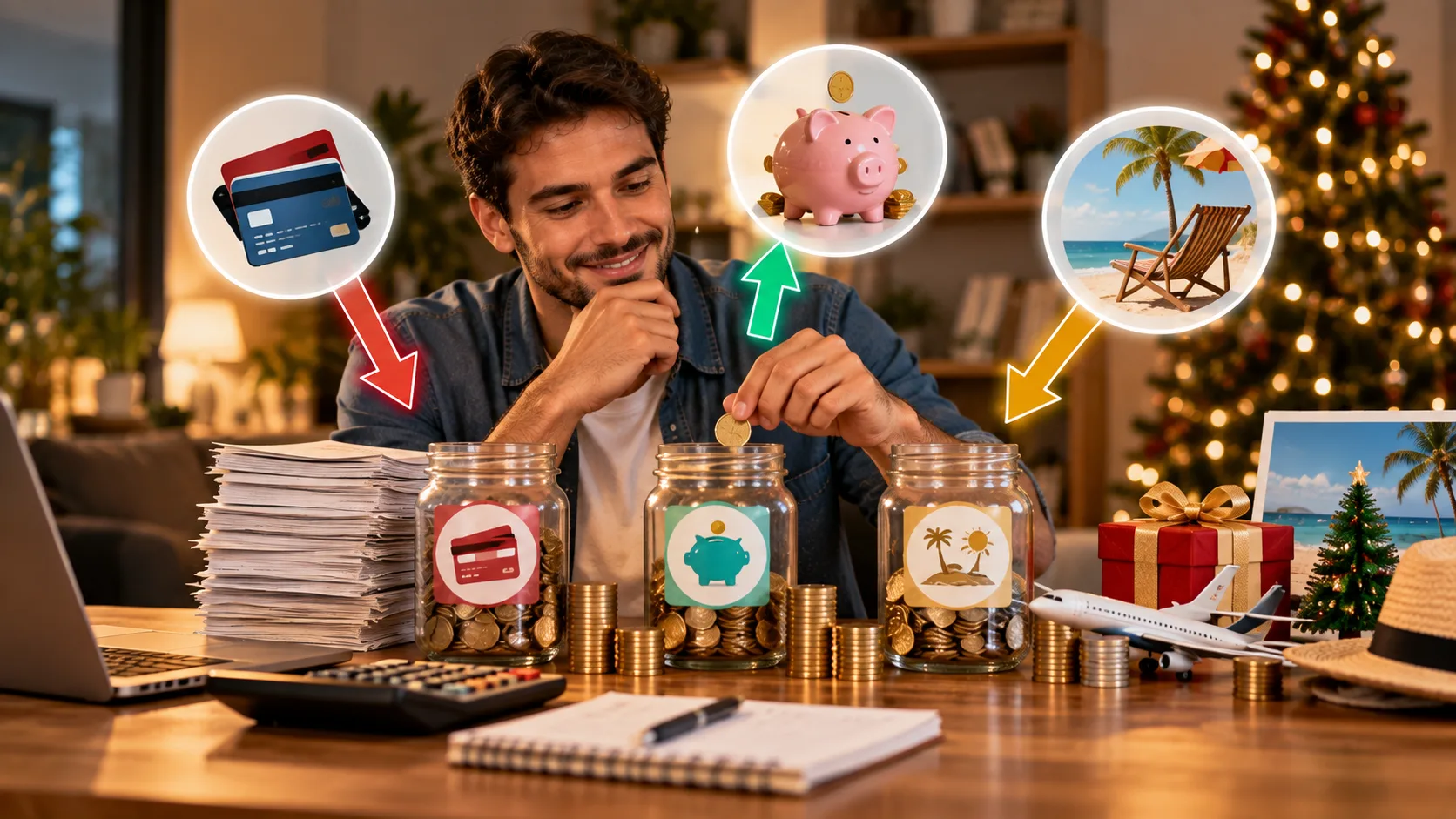 Homem organiza moedas em três potes enquanto analisa contas e cartões, com símbolos de poupança e viagem ao redor, representando a divisão do 13º salário entre pagamento de dívidas, reserva financeira e gastos de fim de ano.