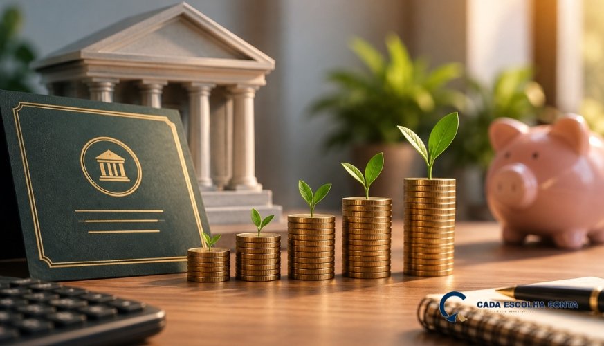 Pilhas crescentes de moedas com pequenas plantas, ao lado de um símbolo de banco, certificado, calculadora e cofrinho, representando o investimento em CDB e o crescimento do dinheiro na renda fixa.