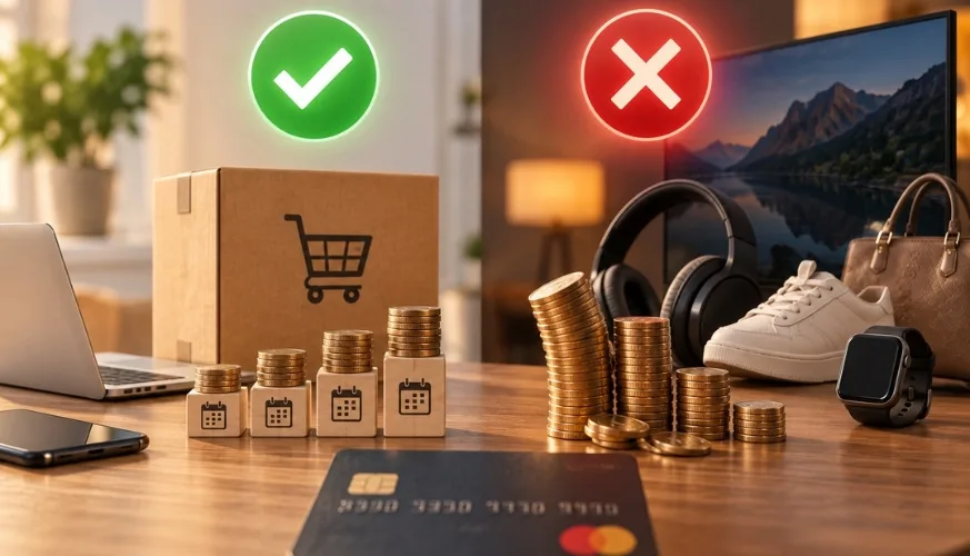 Cartão de crédito diante de duas situações de compra, com parcelas organizadas e símbolo de aprovação de um lado e produtos, moedas acumuladas e símbolo de alerta do outro.