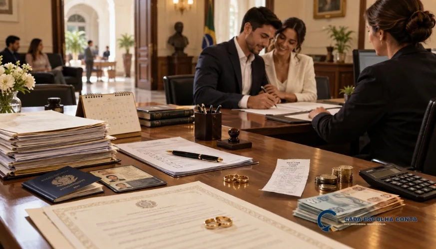 Casal assinando documentos em um cartório diante de uma funcionária, com certidão, alianças, documentos de identificação, calendário, carimbo, calculadora, moedas e dinheiro sobre a mesa.