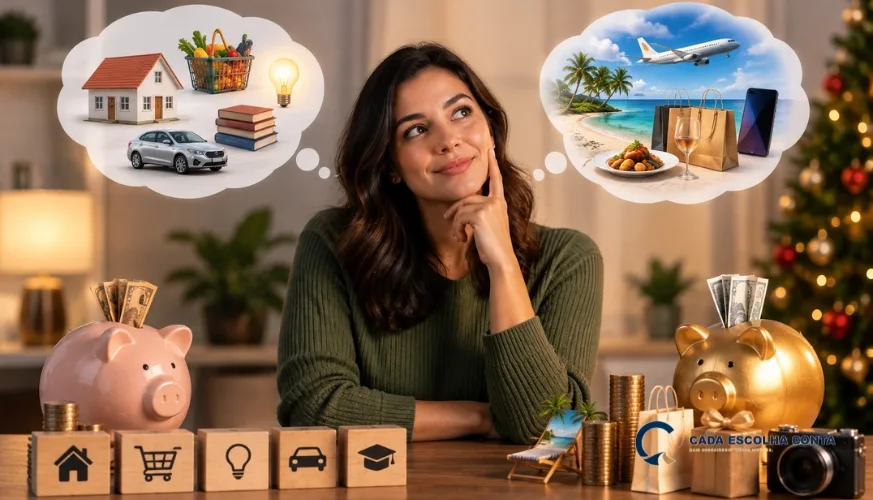 Mulher compara despesas essenciais, como moradia, alimentação e transporte, com viagens, compras e lazer, diante de dois cofrinhos que representam diferentes formas de usar o dinheiro.