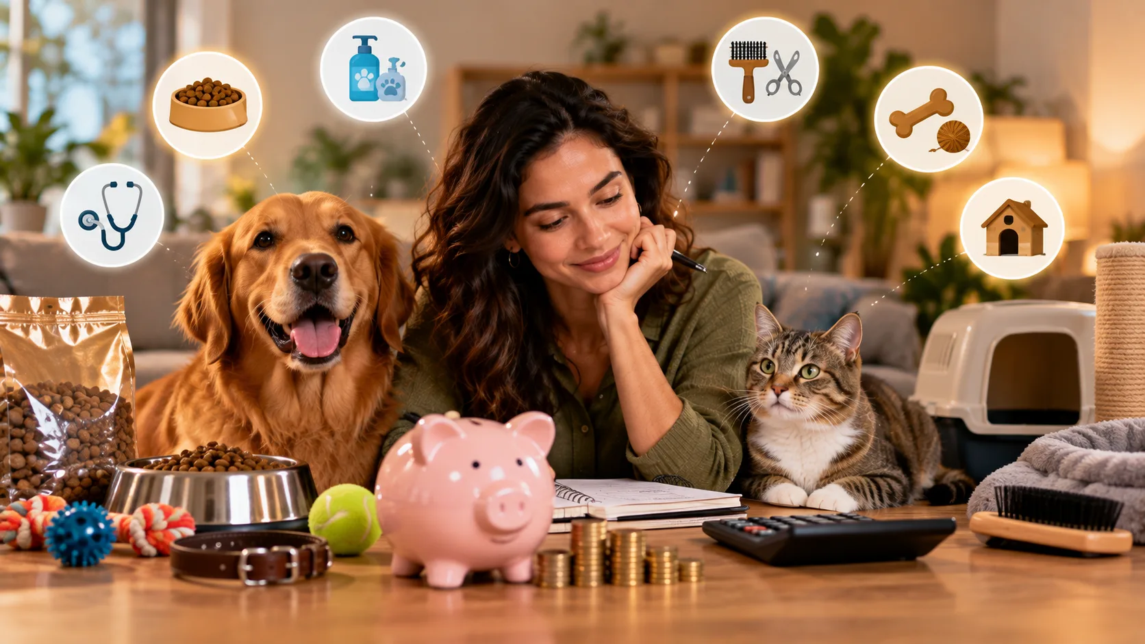 Mulher calcula despesas com um cachorro e um gato em uma mesa com cofrinho, moedas, calculadora, ração, potes, brinquedos e itens de higiene, enquanto símbolos de veterinário, alimentação e cuidados aparecem ao redor.