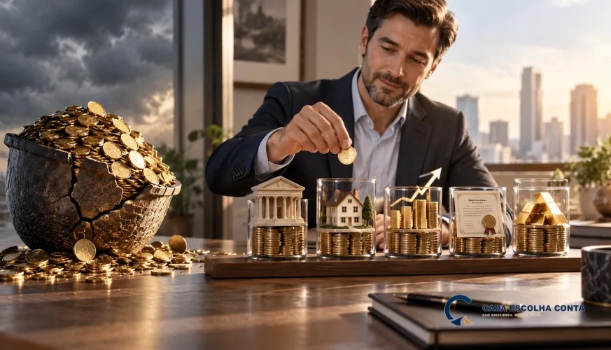 Investidor distribuindo moedas entre recipientes que representam diferentes tipos de investimento, enquanto um recipiente único, rachado e sobrecarregado de moedas simboliza o risco da concentração financeira.