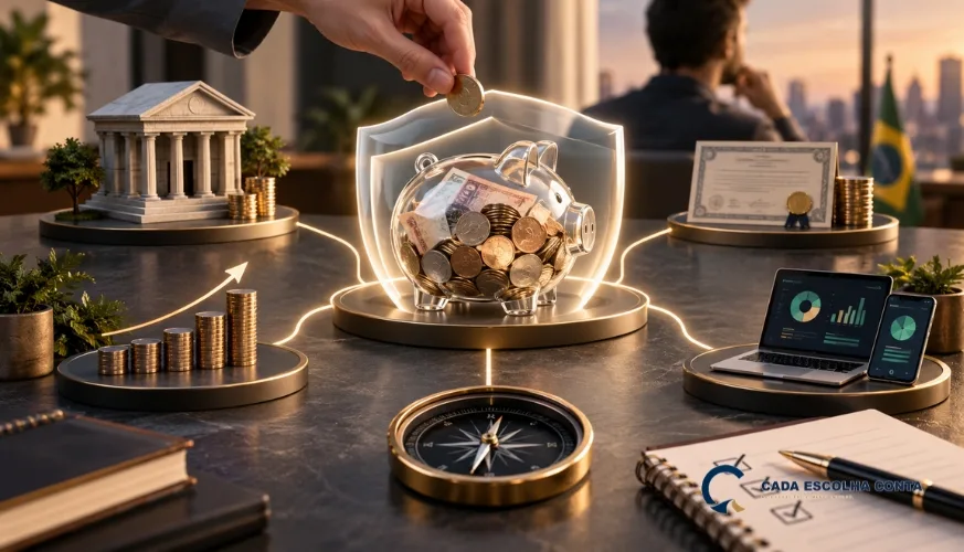 Cofrinho transparente com moedas e dinheiro protegido por um escudo, cercado por símbolos de banco, investimentos, gráficos financeiros, certificado, bússola e checklist de planejamento.