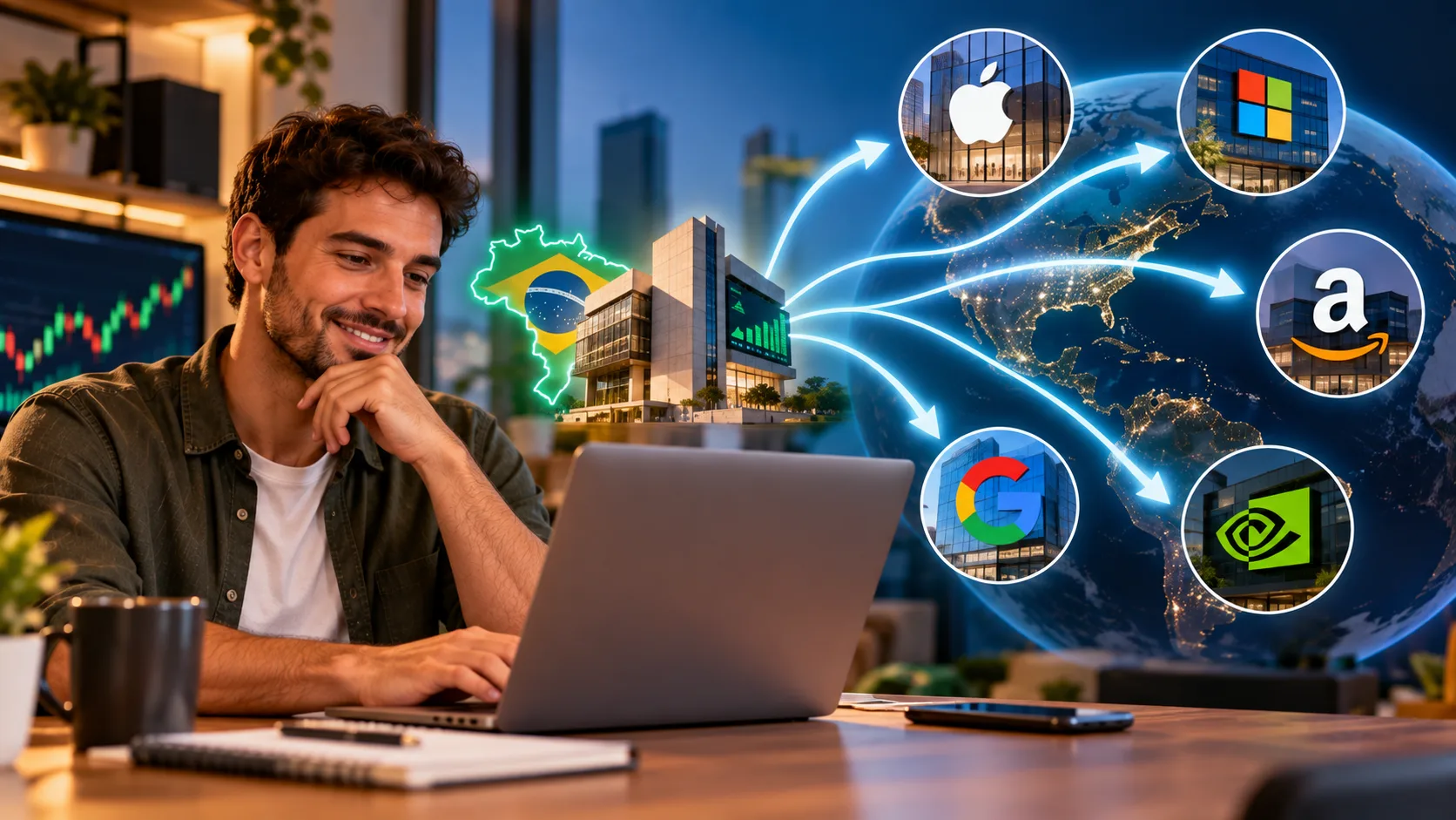 Investidor usa um notebook enquanto elementos visuais conectam o Brasil a um globo com empresas internacionais como Apple, Microsoft, Amazon, Google e Nvidia, representando o investimento em empresas estrangeiras por meio de BDRs.
