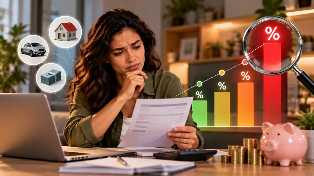 Mulher preocupada analisa um documento financeiro ao lado de notebook, calculadora, moedas e cofrinho, enquanto uma lupa destaca uma barra vermelha de juros elevados em comparação com outras taxas.