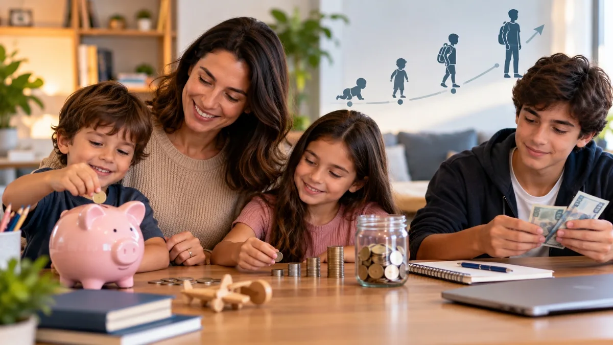 Mãe e três filhos de idades diferentes organizam moedas e cédulas em uma mesa, com um cofrinho rosa e um pote de economias, aprendendo sobre dinheiro em família.