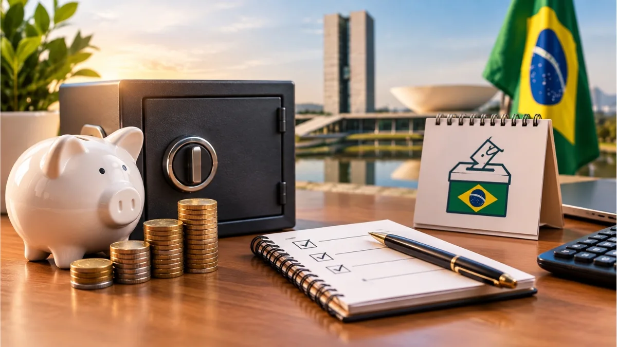 Cofrinho branco, pilhas de moedas e um cofre preto sobre uma mesa de madeira, acompanhados de um caderno de planejamento financeiro com caneta, calculadora e calendário com símbolo de votação. Ao fundo, aparecem uma bandeira do Brasil e o Congresso Nacional em Brasília, representando a relação entre segurança financeira, reserva de emergência e ano eleitoral.