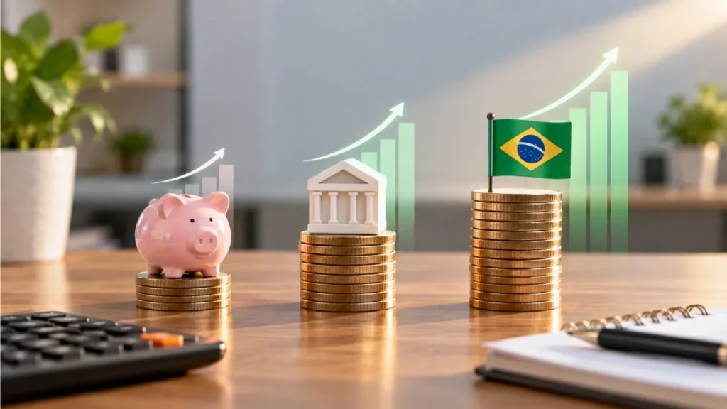Composição financeira com um cofrinho rosa, uma miniatura de banco e uma bandeira do Brasil posicionados sobre pilhas de moedas de diferentes alturas. Gráficos translúcidos e setas ascendentes ao fundo representam o crescimento das economias.